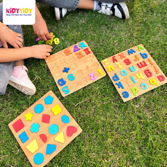 3D Wooden Puzzle Board | abc, Numbers & Shapes (Pack of 3)