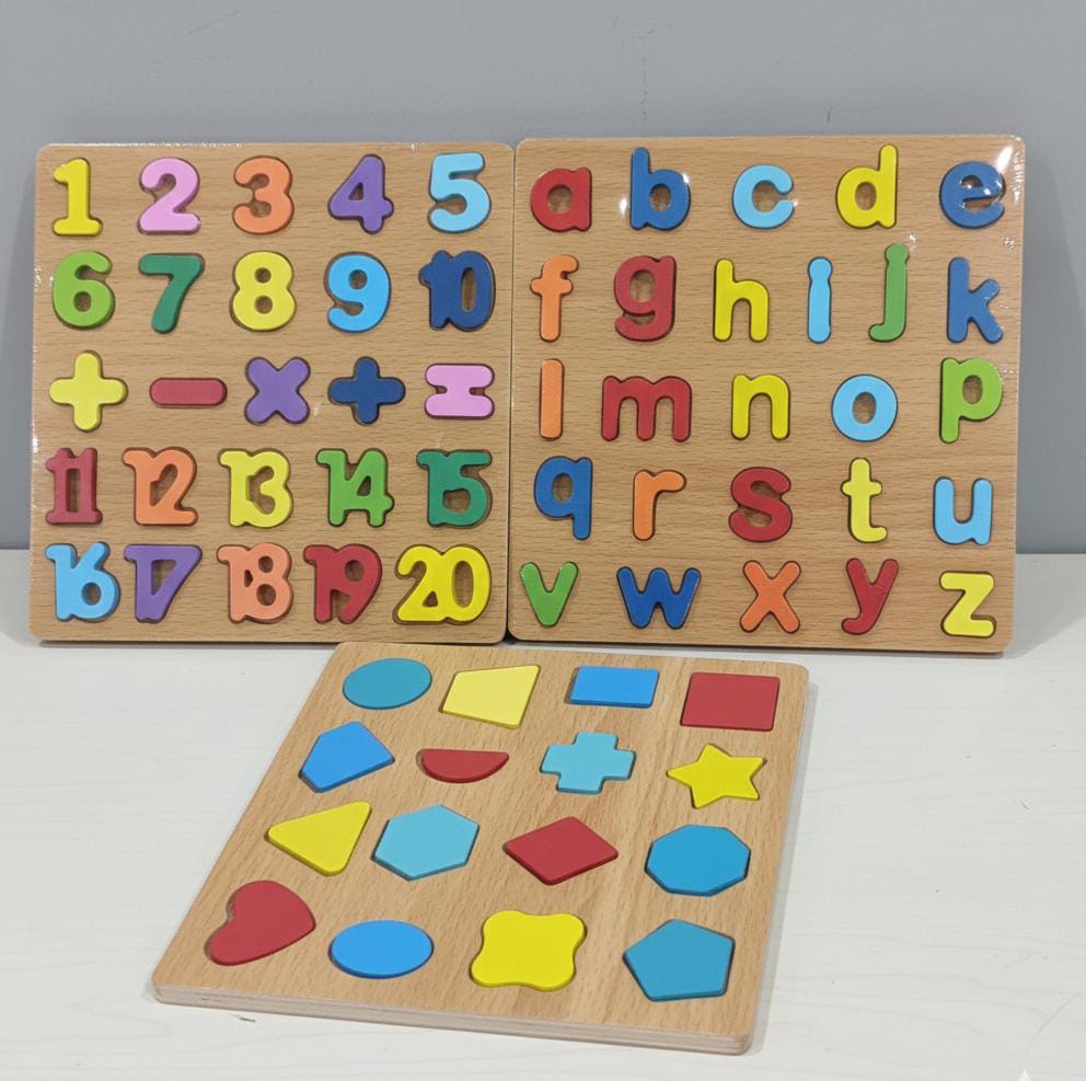 3D Wooden Puzzle Board | abc, Numbers & Shapes (Pack of 3)