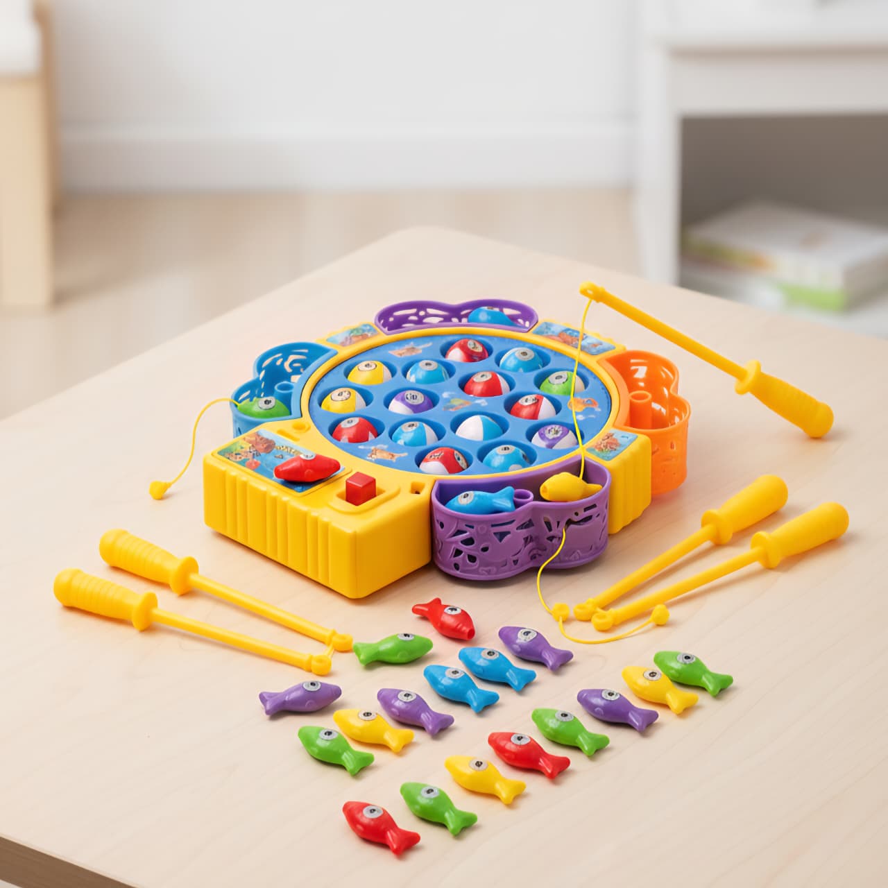 Electric Fishing Game Toy Set – Rotating Fish Pond with 4 Rods & Colorful Fish