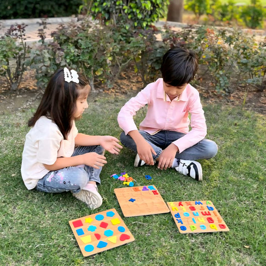 3D Wooden Puzzle Board | abc, Numbers & Shapes (Pack of 3)