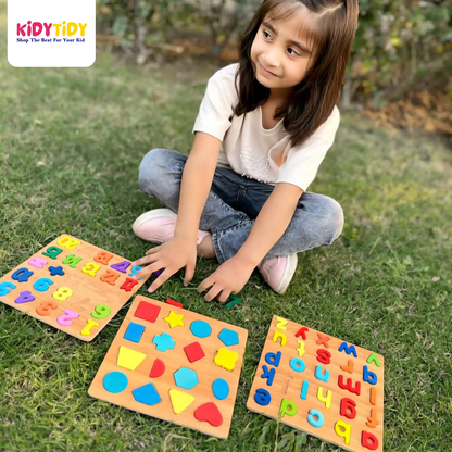 3D Wooden Puzzle Board | abc, Numbers & Shapes (Pack of 3)
