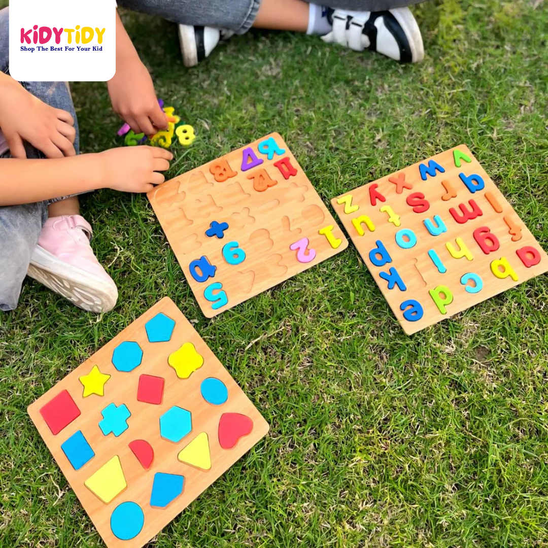 3D Wooden Puzzle Board | abc, Numbers & Shapes (Pack of 3)