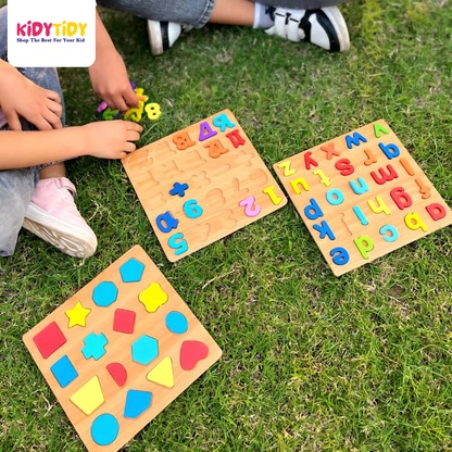 3D Wooden Puzzle Board | abc, Numbers & Shapes (Pack of 3)