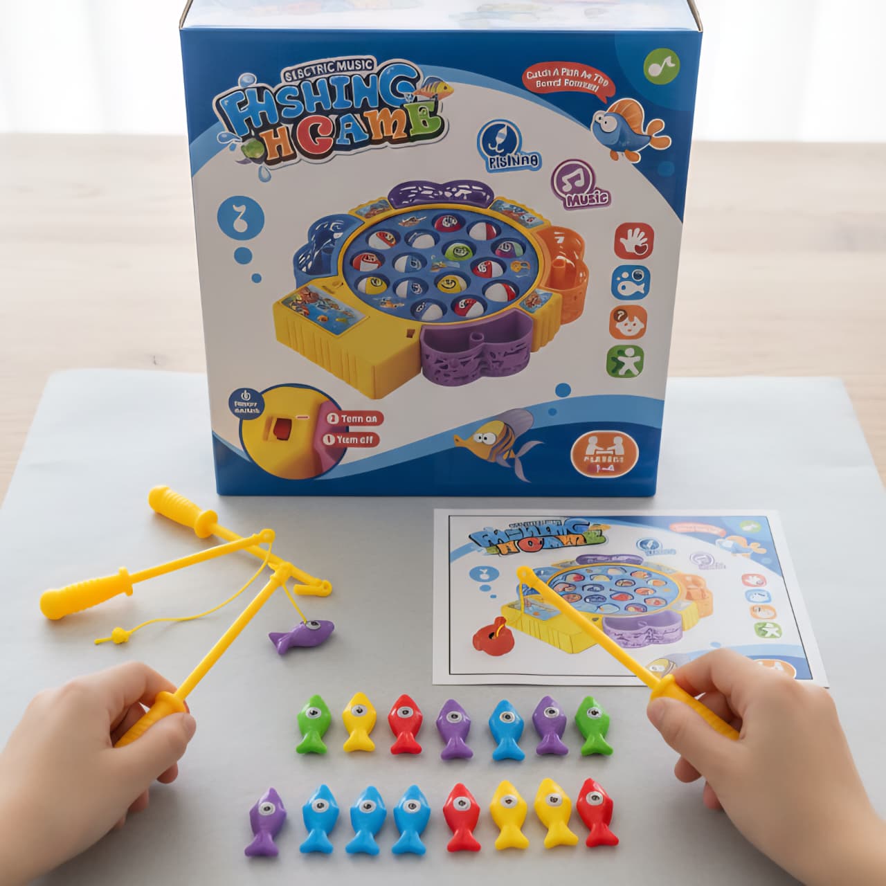 Electric Fishing Game Toy Set – Rotating Fish Pond with 4 Rods & Colorful Fish