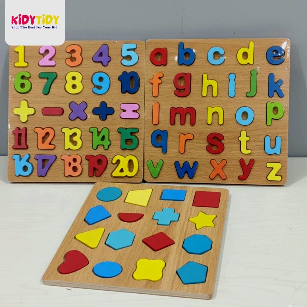 3D Wooden Puzzle Board | abc, Numbers & Shapes (Pack of 3)