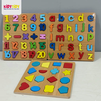 3D Wooden Puzzle Board | abc, Numbers & Shapes (Pack of 3)